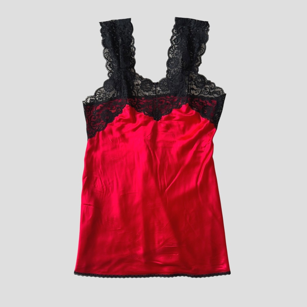 Intimate Attitudes Vintage Red Silk Lace Trim Chemise Nightgown XL 2X Boudoir